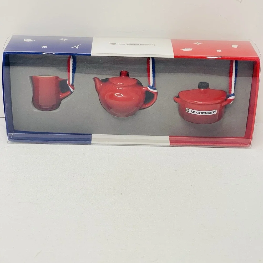 Le Creuset Cerise Red Miniature Set of 3 Ornaments Mug Teapot Dutch Oven NEW